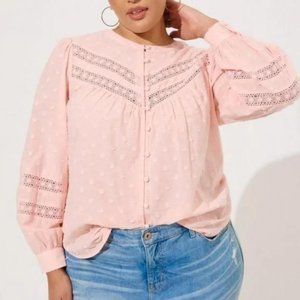 Torrid Cotton Clip Dot Lace Trim Long Sleeve Button Top Blouse Pink 2x